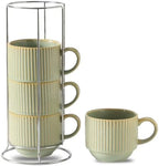 HASENSE Ceramic Coffee Mugs Set of 4 with Rack - 15 oz Stackable Large Porcelain Ribbed Latte Cup Set for Cappuccino, Tea, Hot Cocoa, Drinks - Dishwasher & Microwave Safe, Sage Green by Hasense