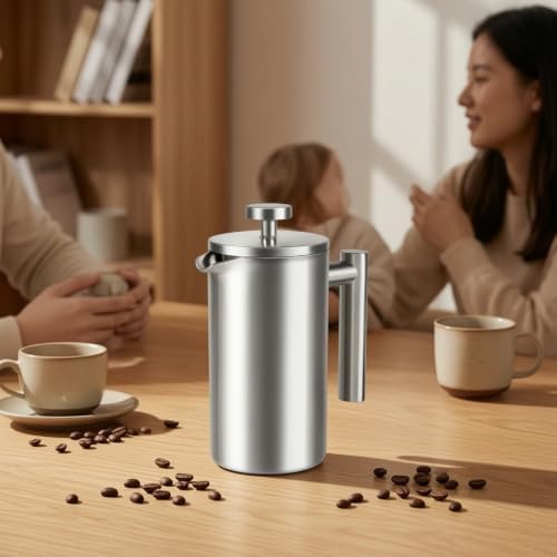 French Maker Stainless Steel Press Pot Manual Brewer Coffee Pot With Ergonomic Handle And Drip Spout For Clean Serving Suitable for home desk travel, 1500ml/50oz - Image 2