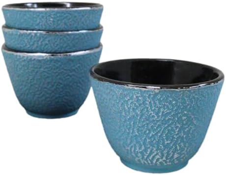 Ebros Gift Pack Of 4 Japanese Traditional Tetsubin Style Textured Surface Cast Iron Tea Cups Teacups Drinkware Tea Service Far East Decorative Accent (Sky Blue) by EbrosGift