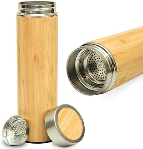 Natrual Bamboo, BPA-Free, Vacuum-Sealed Insulated, Hot-Cold Water Bottle Bamboo and Stainless Steel Water Bottle with Tea Infuser by LAVILLADecore