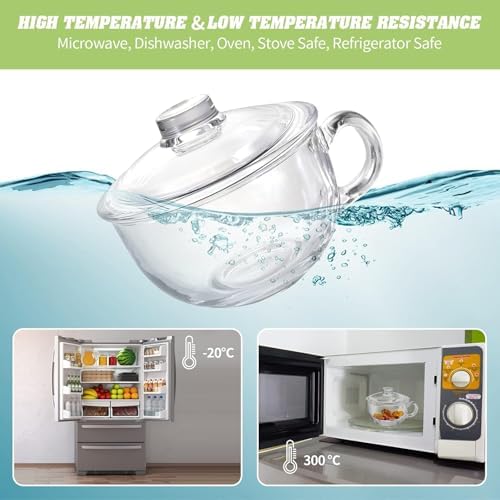 Glass Cereal Bowl with Handle and Lid - Clear Small Soup, Yogurt, Oatmeal Breakfast Bowl - Microwave Safe Glassware for Dessert, Pasta, Rice - 600ml Capacity-Set of 1pc - Image 6