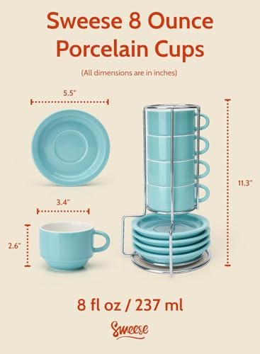 Sweese 8 Ounce Porcelain Stackable Cappuccino Cups with Saucers and Metal Stand - for Specialty Coffee Drinks, Cappuccino, Latte, Americano and Tea - Set of 4, Turquoise - Image 2