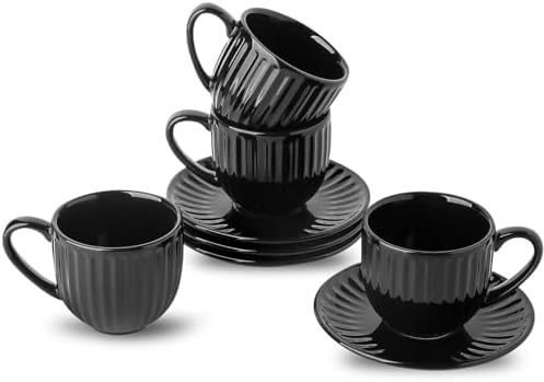 HASENSE Ceramic Cappuccino Cups and Saucers - 8 Oz, Large Ribbed Coffee Mugs Set of 4 for Coffee,Tea,Latte and Macchiato, Demitasse Cups Set Aesthetic Gifty, Black by Hasense