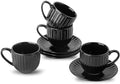 HASENSE Ceramic Cappuccino Cups and Saucers - 8 Oz, Large Ribbed Coffee Mugs Set of 4 for Coffee,Tea,Latte and Macchiato, Demitasse Cups Set Aesthetic Gifty, Black by Hasense