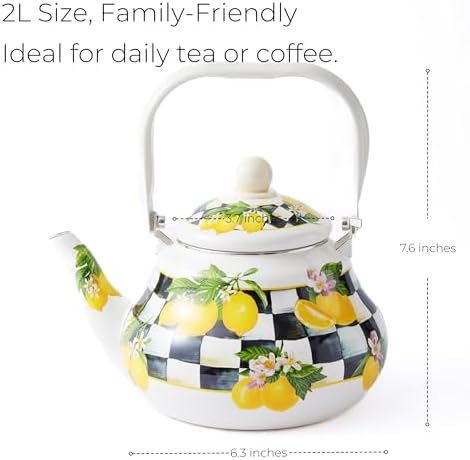 Checkered Tea Kettle with Lemon Pattern, 2 qt Enamel Stovetop Pot - Image 2
