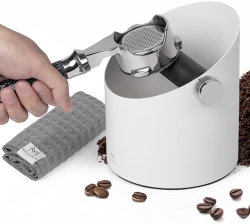 Espresso Knock Box, Coffee Grounds Container, Large 15-Puck Capacity - Removable Silent Silicone Bar & Non-Slip Base, Heavy Duty #45 Carbon Steel, Slanted Mouth Dump Bin for Barista (White) by MUVNA
