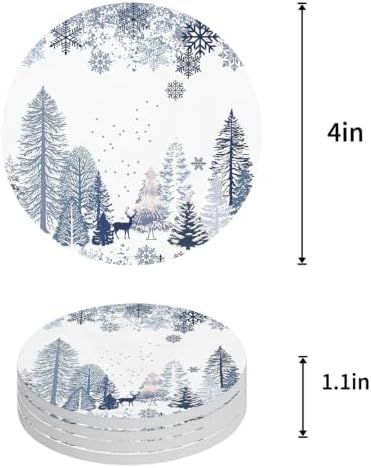 Winter Forest Coasters for Drinks, Sets of 6 with Holder Natural Pine Trees Snowflakes Deer Blue Absorbent Ceramic Coaster with Cork Base Decor for Wooden Table & Bar, Housewarming Gift Home Decor - Image 4