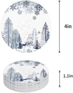 Winter Forest Coasters for Drinks, Sets of 6 with Holder Natural Pine Trees Snowflakes Deer Blue Absorbent Ceramic Coaster with Cork Base Decor for Wooden Table & Bar, Housewarming Gift Home Decor - Image 4