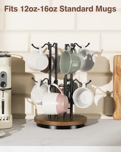 8-Hook 360° Rotating Large Coffee Mug Tree for Counter, Wood Base, Brown - Image 6