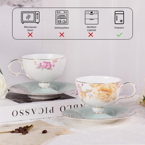 KAMMAK Tea Cups Set of 2,Ceramic Floral Pattern Demitasse Cup - Image 6