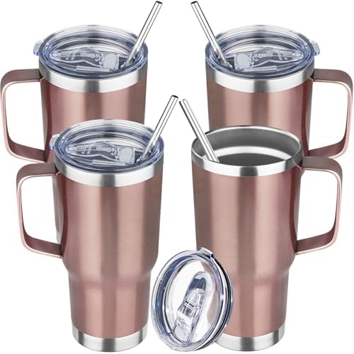 20 oz Tumbler with Handle Stainless Steel Insulated Coffee Tumbler with Lid and Straw Double Wall Vacuum Insulated Coffee Mug Leak Proof Travel Mug Tumbler for Hot and Cold Drink (Rose Gold,4pack) by YEBTSLife