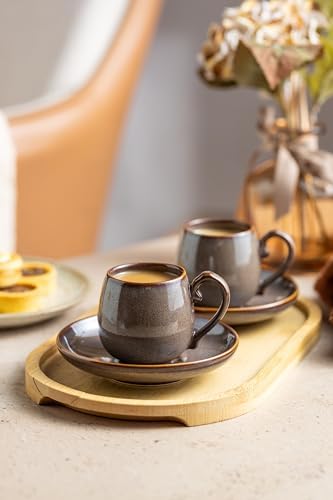 LYEOBOH 3 Ounce Espresso Cups and Saucers Set of 6, Ceramic Small Coffee Cups with Metal Holder and Spoons, Cute Demitasse Cups for Tea, Espresso, Latte, Cafe Mocha, Brown - Image 6