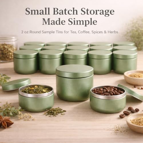 50 Pack 2 oz Round Tea Sample Tins with Lids, Odor-Resistant Tinplate Small Batch Storage Containers, Three Colors Available, for Tea, Coffee, Spices, Herbs (Matte Olive Green) - Image 7