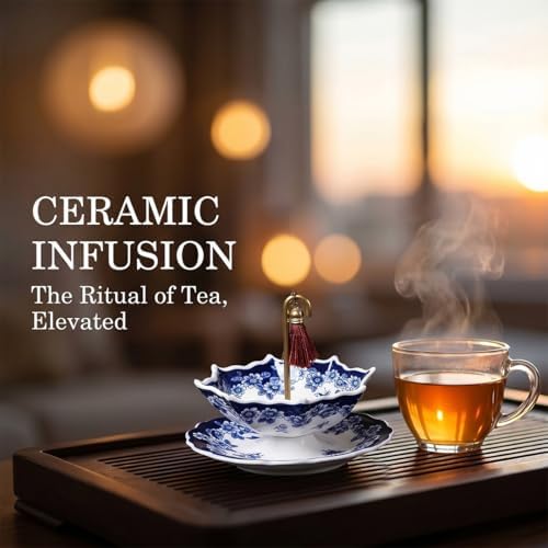 Ceramic Tea Strainer for Loose Leaf Tea, Umbrella Shape Porcelain Tea Filter with Drip Base, Reusable Fine Mesh Tea Infuser for Mug Cup and Teapot (Blue) - Image 6