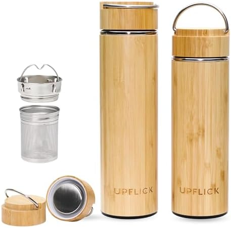 Bamboo Tea Tumbler Set of 2 Insulated Water Bottles 15oz & 17oz with Infuser Travel Set for Loose Leaves, Birthday Gift for Womens, Christmas Gift by UPFLICK