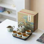 Chinese Gongfu Tea Set, 7-Piece Ceramic Set with Landscape Design, Travel Case, Spill-Proof Tray, Gift Box by simeiton