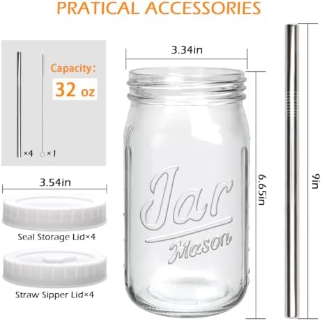 Mapoxy 32oz Mason Jars Cups with Plastic Lids & Straws 4 Pack - Image 2