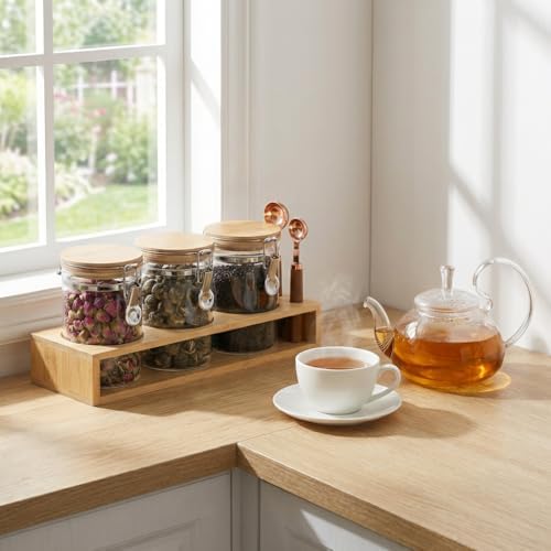 Airtight Glass Tea Containers with Bamboo Lids & Spoons (27oz) - Ultimate Storage Canisters for Loose Leaf Tea to Preserve Freshness & Flavor - Elegant Tea Caddy Jars for Kitchen & Pantry - Set of 3 - Image 2