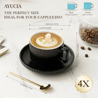 8 Ounce Cappuccino Cups Set of 4, Latte Mugs with Saucers and Spoons, Black Ceramic Coffee Mugs Tea Cups for Cappuccino Latte Mocha Au Lait Macchiato Cafe - Image 5