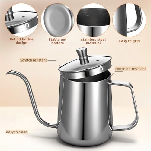 UKCOCO 600ml Gooseneck Coffee Kettle, Stainless Steel Drip Pot with Lid - Image 3