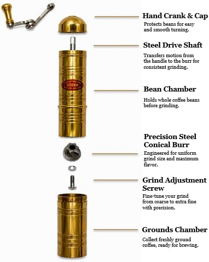 Sozen 9" Manual Coffee Grinder Brass – Hand Crank Burr Mill for Turkish Coffee, French Press, Espresso, Camping & Home Use – Portable Coffee Bean Grinder, Adjustable Conical Grinder - Image 3