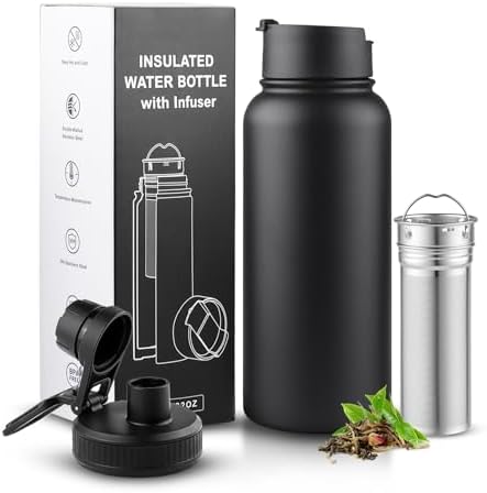 Sivaphe 32 oz Tea Infuser Bottle With Removable Filter,18/8 Stainless Steel Insulated Water Bottle for Loose Leaf Tea,1L Strainer Travel Tumbler with Lid Black by Sivaphe