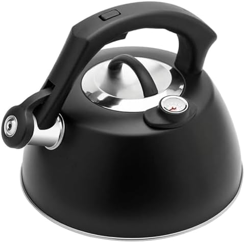 Black kettle, Stainless Steel Whistling Tea Pot with Thermometer, Teapot for Stove Top with Ergonomic Anti Scald Handle by Unknown