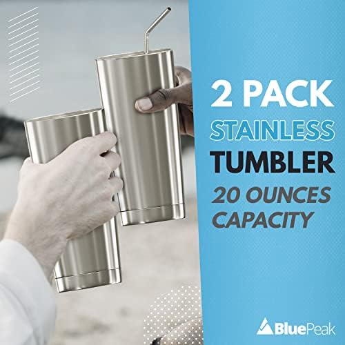 BluePeak Double Wall Vacuum Stainless Steel Insulated Tumblers Set, 2-Pack - Includes 2 Sipping Lids, 2 Spill-Proof Sliding Lids, 2 Straws, 1 Cleaning Brush & Gift Box (20 oz, Silver) - Image 5