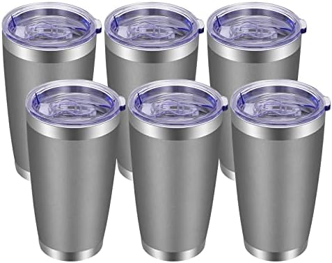 VEGOND 20oz Tumbler with Lid and Straw Stainless Steel Tumbler Cup Bulk Vacuum Insulated Double Wall Travel Coffee Mug Powder Coated Coffee Cup, Grey, 6 Pack by VEGOND