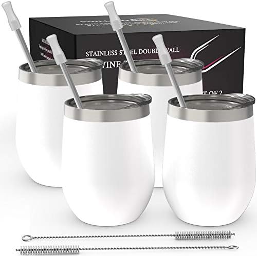 CHILLOUT LIFE 12 oz Stainless Steel Wine Tumblers 4 Pack - Double Wall Vacuum Insulated Wine Glasses Cups with Lids and Straws Set Keeping Cold & Hot for Coffee, Beer, Ice Cream - Powder Coated White by CHILLOUTLIFE