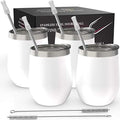 CHILLOUT LIFE 12 oz Stainless Steel Wine Tumblers 4 Pack - Double Wall Vacuum Insulated Wine Glasses Cups with Lids and Straws Set Keeping Cold & Hot for Coffee, Beer, Ice Cream - Powder Coated White by CHILLOUTLIFE
