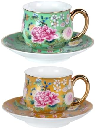 KAMMAK Tea Cup and Saucer, Ceramic Coffee Cups, 7.1 oz, Set of 2 by KAMMAK