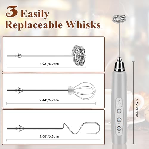 Rechargeable Milk Frother Handheld, Electric Foam Maker Coffee Frother Wand, Detachable With 3 Stainless Whisks, Drink Mixer for Lattes, Cappuccino, Matcha, Egg, No Stand, Silver - Image 5