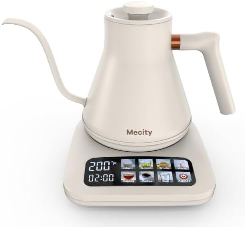 Mecity Electric Gooseneck Kettle with Touchscreen Base, 6 Presets Temperature Control, 2 Hours Keep Warm, 304 Stainless Steel Interior, Fast Boil Tea & Pour Over Coffee Kettle, 0.8L 1500W, Cream Color by Mecity