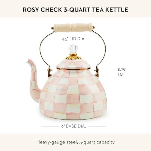 MACKENZIE-CHILDS Tea Kettle, 3 Quarts, Pink-and-White Rosy Check - Image 4