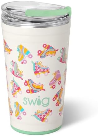 Swig Life 24oz Party Cup, Stackable Insulated Travel Coffee Tumbler with EZ Slider Lid, Cup Holder Friendly, Stainless Steel 24 oz Tumbler, Reusable Coffee Mug (Roller Rink) by SwigLife