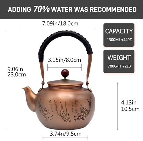 44oz SECHUDO Exquisite Pure Copper Teapot without Coating, Copper Tea Kettle with Tea Ball for Loose Tea, Chinese Style Classic Tea Pot for Stovetop Safe, Fish Pattern(1300ml) - Image 5
