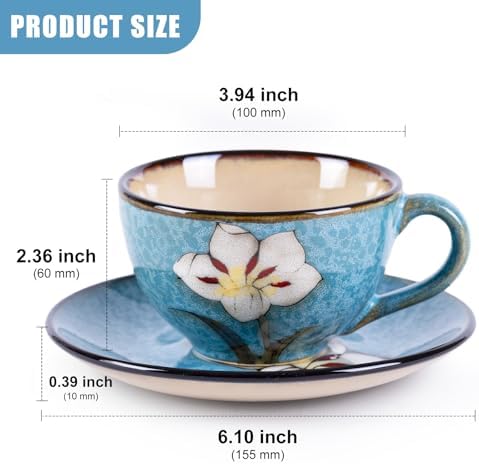 8 Oz Floral Porcelain Cappuccino Cups with Saucers Set of 4, Stoneware Tea Coffee Mugs for Home Kitchen & Office, Dishwasher Microwave Oven Safe, for Espresso, Latte, Americano, Milk & Tea, Blue - Image 3