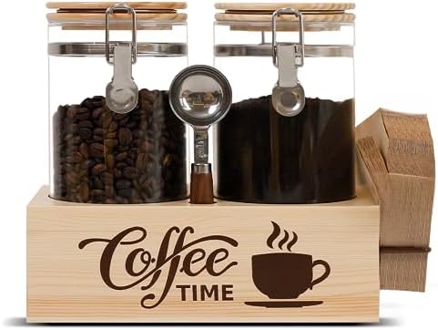 Glass Coffee Canister Set with Shelf & Spoon 2 Piece Coffee Containers for Coffee Bean Storage Airtight Seal, Coffee Bar Accessories Filter Holder for Kitchen Organization by EQEYBRAND