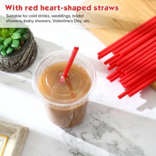Ziliny 50 Sets 18 oz Clear Plastic Cups with Red Heart Straws and Lids - Image 2