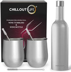 CHILLOUT LIFE 12 oz Stainless Steel Wine Tumblers 2 Pack & 1 Insulated Wine Bottle - Double Wall Vacuum Insulated Wine Glasses Cups with Lids and Straws Set Keeping Cold & Hot Gift Set by CHILLOUTLIFE