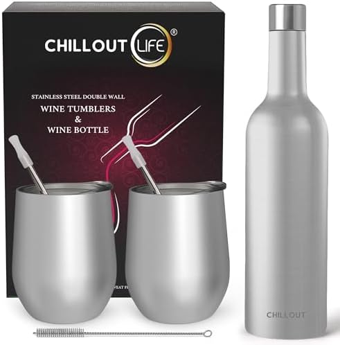 CHILLOUT LIFE 12 oz Stainless Steel Wine Tumblers 2 Pack & 1 Insulated Wine Bottle - Double Wall Vacuum Insulated Wine Glasses Cups with Lids and Straws Set Keeping Cold & Hot Gift Set by CHILLOUTLIFE