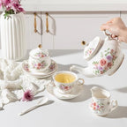 Sweejar Porcelain Tea Set Vintage Floral, British Relief Gold Rim Teapot Cup and Saucer Sets, 22-Piece Tea Sets for Adults, with Teapot, Sugar Bowl, Milk Jug, Spoons, Cup and Saucer (Rose Flower) - Image 4