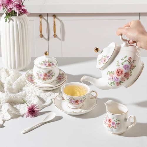 Sweejar Porcelain Tea Set Vintage Floral, British Relief Gold Rim Teapot Cup and Saucer Sets, 22-Piece Tea Sets for Adults, with Teapot, Sugar Bowl, Milk Jug, Spoons, Cup and Saucer (Rose Flower) - Image 4