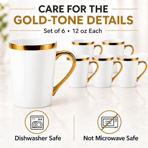 White and Gold Coffee Mugs Set of 6, 12 oz Porcelain - Image 7