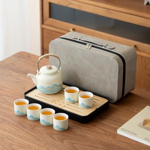 Chinese Tea Set – White Porcelain Gongfu Teapot with 6 Cups & Tea Tray, Travel Tea Set with Carrying Case for Tea Ceremony, Daily Tea Ritual, Asian Style Gift by simeiton