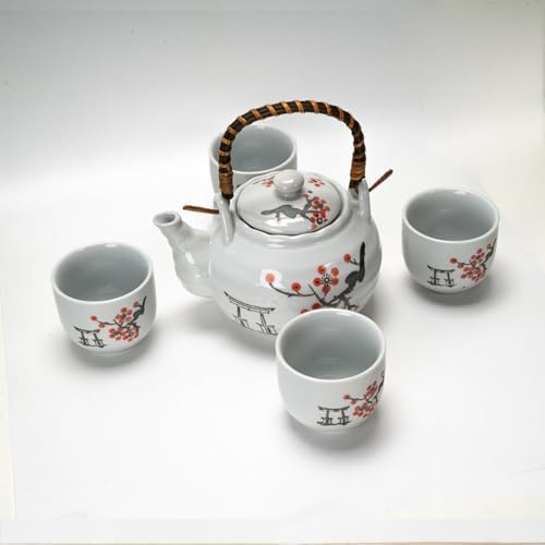 Urban Tokyo Japanese Cherry Blossom Torii Gate Design Tea Set, 22 oz Ceramic Teapot with 4 Cups, White with Bamboo Handle - Image 6