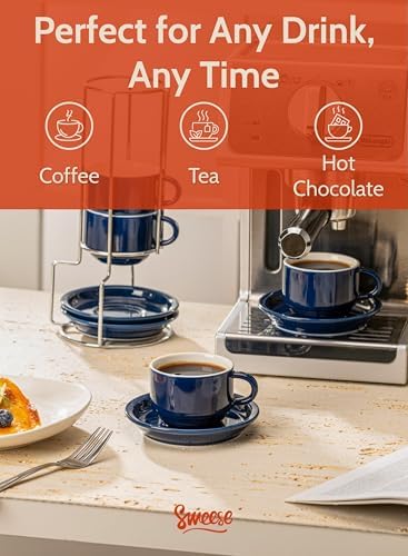 Sweese 8 Ounce Porcelain Stackable Cappuccino Cups with Saucers and Metal Stand - for Specialty Coffee Drinks, Cappuccino, Latte, Americano and Tea - Set of 4, Navy - Image 4