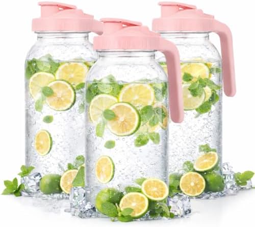 64oz Glass Pitcher with Handle and Flip Lid, Leak-Proof Seal, 3 Pack Mason Jar Pitchers, Suitable for Iced Tea, Juice, Milk, Iced Coffee, Pink by SmartGlassDailyLife
