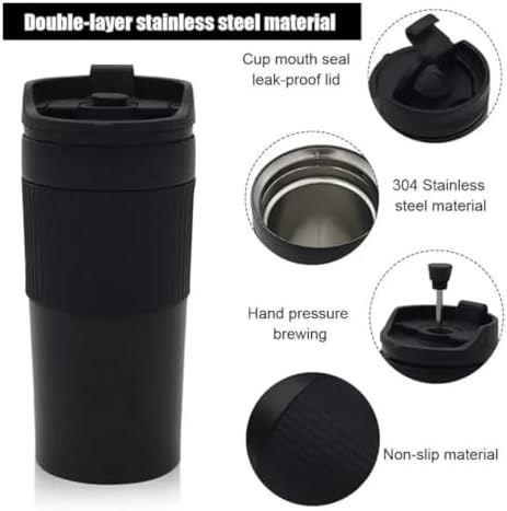 Portable Coffee Maker French Press Insulated Mug With Double Walled Insulated Vacuum Coffee Tea Mug For Travel Outdoor(Silvery) - Image 4